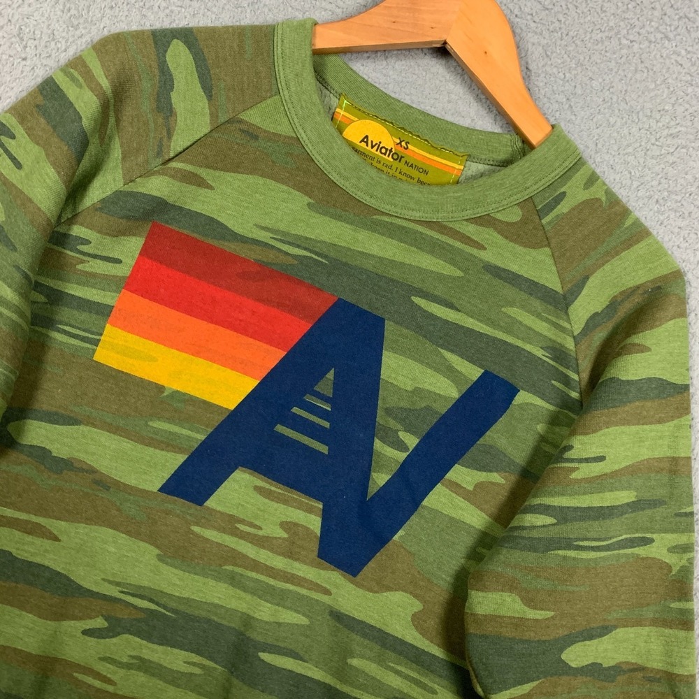 Aviator Nation Sweatshirt Adult XS Green Camo Crewneck Fleece‎ Pullover AV Logo - Picture 4 of 10